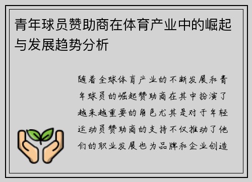 青年球员赞助商在体育产业中的崛起与发展趋势分析